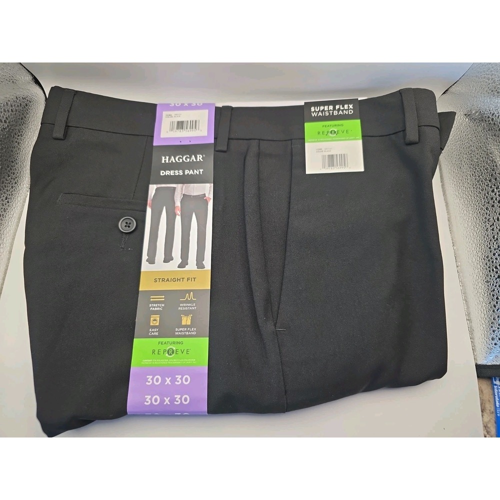 Haggar Men's Dress Pants Straight Black 30x30 New With Tags Super Flex Waist